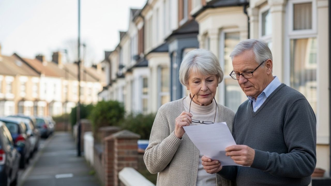 Elderly UK couple standing outside their home reviewing official paperwork, symbolising DWP housing benefit changes and Pension Credit updates for pensioners in 2026.
