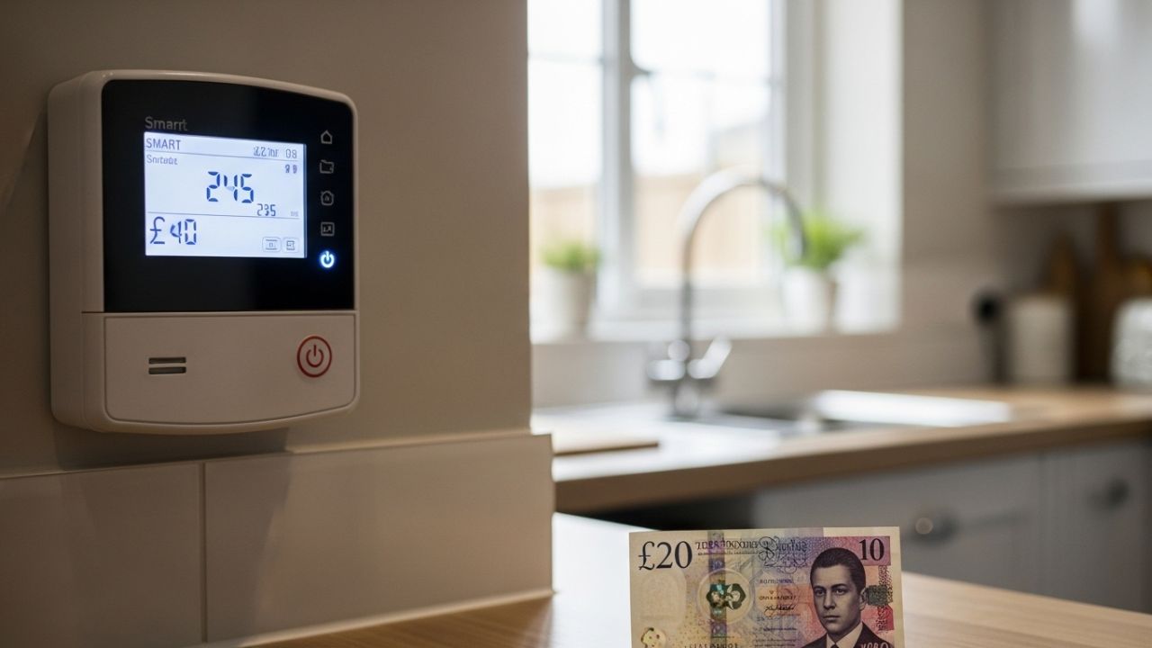 Smart meter inside a UK home with £40 in British pound notes placed nearby, representing automatic compensation payouts to households.